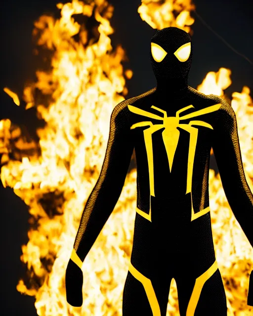 Image similar to photograph of a black and gold suit spider - man stood infront of a blazing inferno, dslr, cinematic, volumetric lighting, 8 k resolution, photorealistic