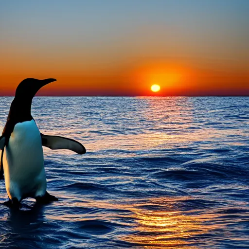 Image similar to big penguin in the middle of the sea, sunset, 4k, sharp, detailed