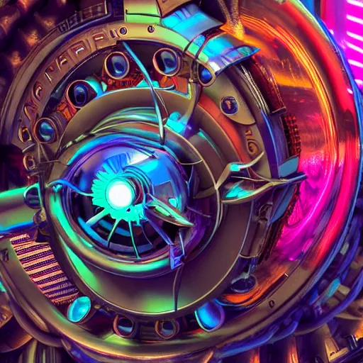 Prompt: album art, album name is tripmachine, photo of a huge futuristic steampunk motor inside a machinery, 8 k, fluorescent colors, halluzinogenic, multicolored, exaggerated detailed, front shot, 3 d render, octane