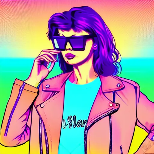 Prompt: a woman with light blue shutter shades in front of a sunset, wearing a purple leather jacket, one side brown haircut with blue tips on the end, vector art by jan tengnagel, pixabay contest winner, retrofuturism, retrowave, synthwave, outrun, portrait, synthwave