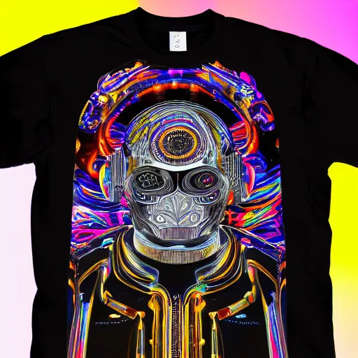 Prompt: mockup of a black tshirt with a hyperdetailed portrait of a trippy steam punk robot, 8 k, symetrical, flourescent colors, happy mood, multicolored,