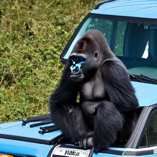 Image similar to photo of a gorilla sitting on the roof of a fiat panda