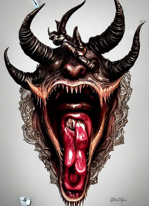 Prompt: naughty devil sticking out tongue, realistic, surealism, lavish, steep, aesthetic, extravagant, shiny, fantasy, intricate, elegant, extremely higly detailed, digital painting, artstation, ornate, grotesque, baroque, concept art, smooth, sharp focus, full body focus, street wear digital art
