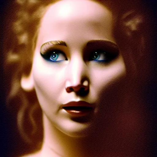 Prompt: a realistic detailed studio portrait photo of jennifer lawrence as lucy the vampire from bram stoker's dracula, medical stitches vaporwave