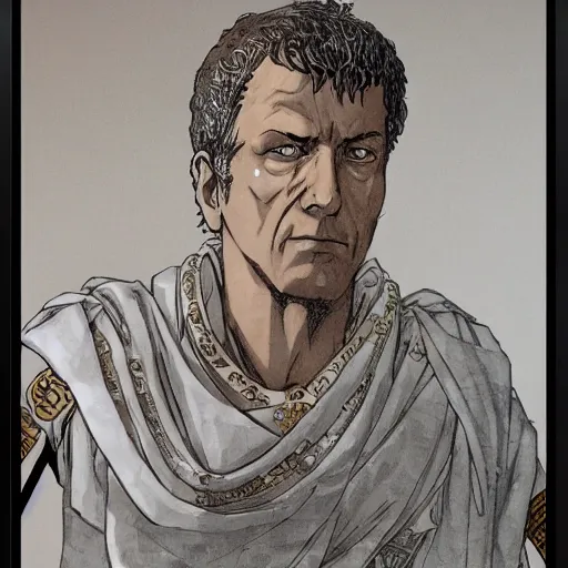 Image similar to roman emperor Julius Caesar at the senate, relaxed, anime portrait by Satoshi Kon and Yoji Shinkawa