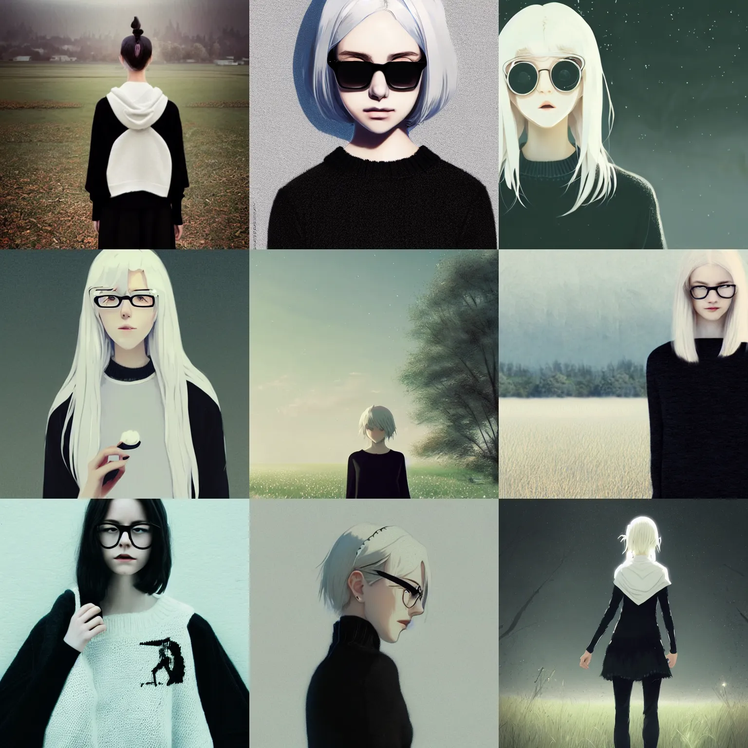 Prompt: cute girl white pale hair white white hair in black sweater black glasses standing field background by greg rutkowski makoto shinkai key art feminine