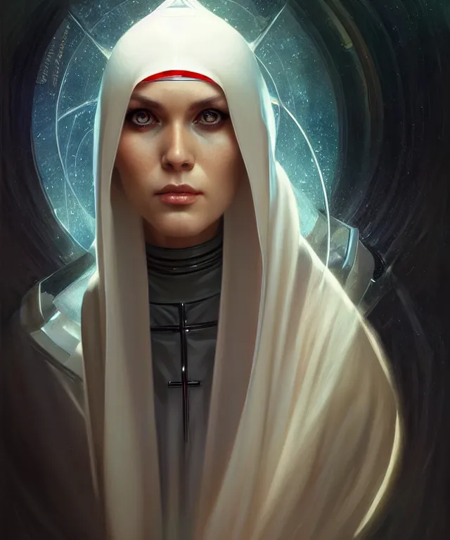 Image similar to futuristic nun woman portrait, sci-fi, amber eyes, face, long hair, fantasy, intricate, elegant, highly detailed, digital painting, artstation, concept art, smooth, sharp focus, illustration, art by artgerm and greg rutkowski and alphonse mucha