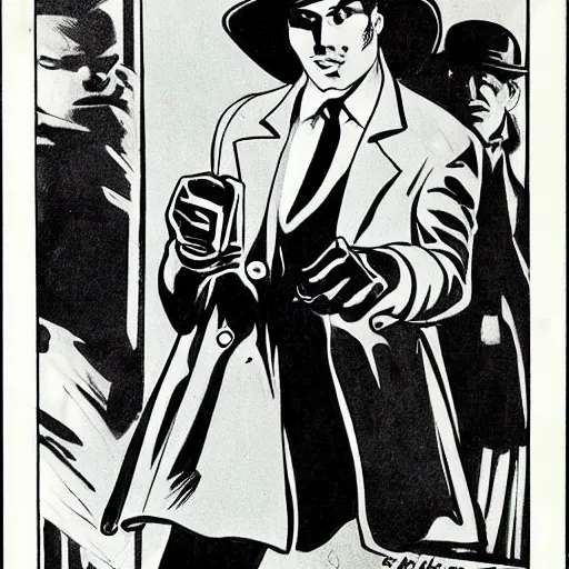 Prompt: baby seal dressed as a private investigator wearing a fedora and trench coat, black and white, pulp comic, by chester gould 1 9 3 2