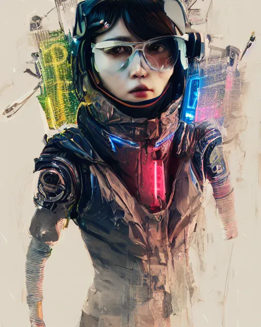 Image similar to detailed portrait Neon Operator Girl cyberpunk futuristic neon Reflective puffy coat, decorated with traditional japanese ornaments by ismail inceoglu dragan bibin hans thoma greg rutkowski Alexandros Pyromallis Nekro Rene Margitte illustrated Perfect face, fine details, realistic shaded, fine-face, pretty face