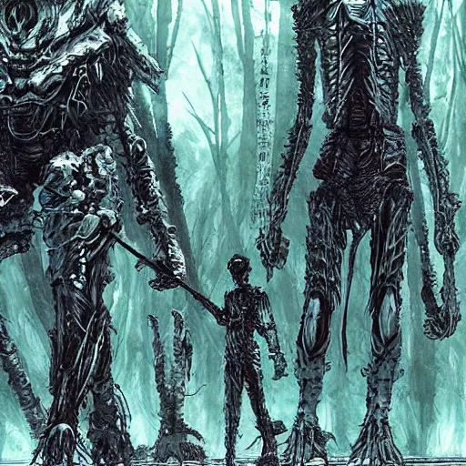 Image similar to sci - fi, monster hunters walking in a meat and bone forest, art by tsutomu nihei