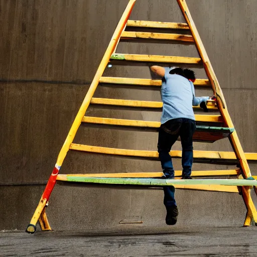 Prompt: photo of a person walking under a ladder with a heavy load above