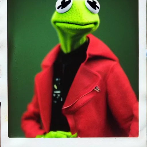 Prompt: Kermit the frog as sith, polaroid photo, instax, white frame, by Warhol,