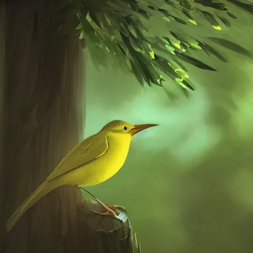 Prompt: green yellow spanish wren bird, reyezuelo listado, regulus ignicapilla, in avila pinewood, 4 k, concept art, by wlop, ilya kuvshinov, artgerm, krenz cushart, greg rutkowski, pixiv. cinematic dramatic atmosphere, sharp focus, volumetric lighting, cinematic lighting, studio quality