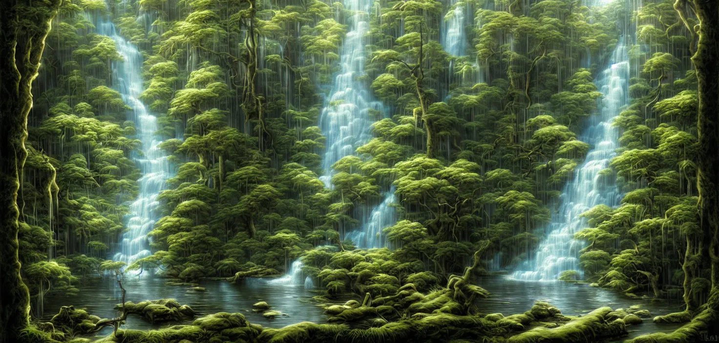 Image similar to a painting of a waterfall in a forest, a detailed matte painting by todd lockwood, deviantart, fantasy art, matte painting, matte drawing, airbrush art