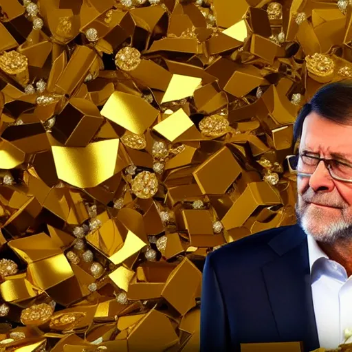 Image similar to a still of mariano rajoy surrounded by gold and diamonds, award - winning, photograph, 3 d render, unreal engine, 4 k detailed