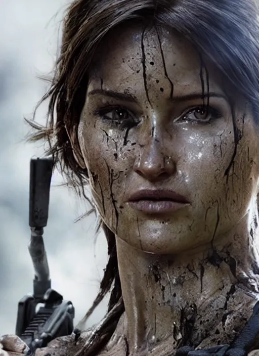 Prompt: a film still of lara croft as swat cop, her face muddy and sweat, direct sun light, close up potrait, cinematic,