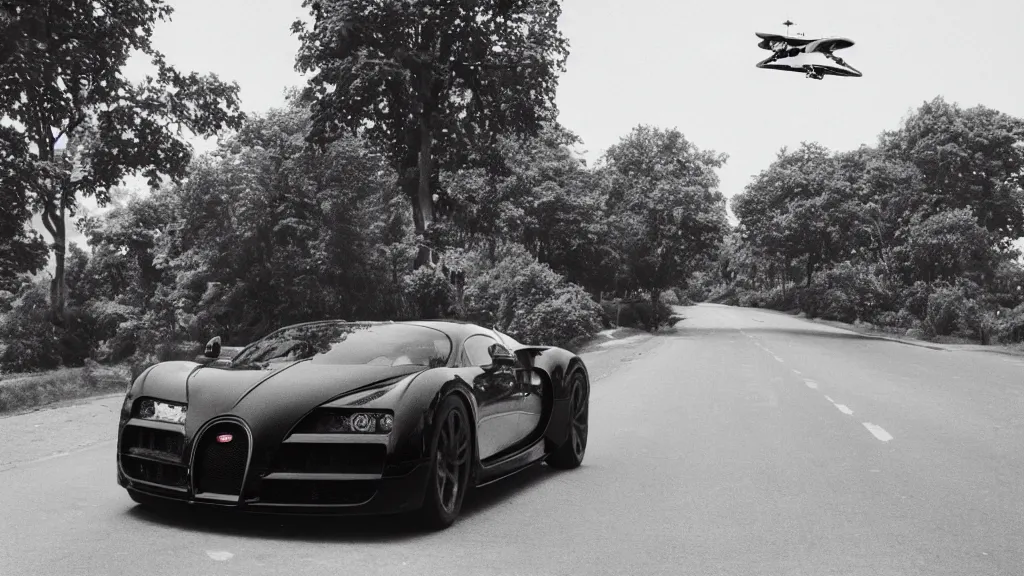 Prompt: side shot of bugatti flying car hovering above road, 3 5 mm photo