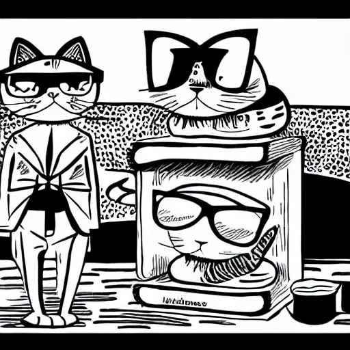 Prompt: mcbess illustration of a comic strip about a cat with sunglasses