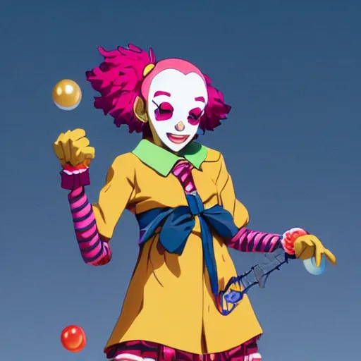 Prompt: a clown girl, anime character design key visual, Official media from Jojo's Bizarre Adventure, sharp, 4k HD, full body