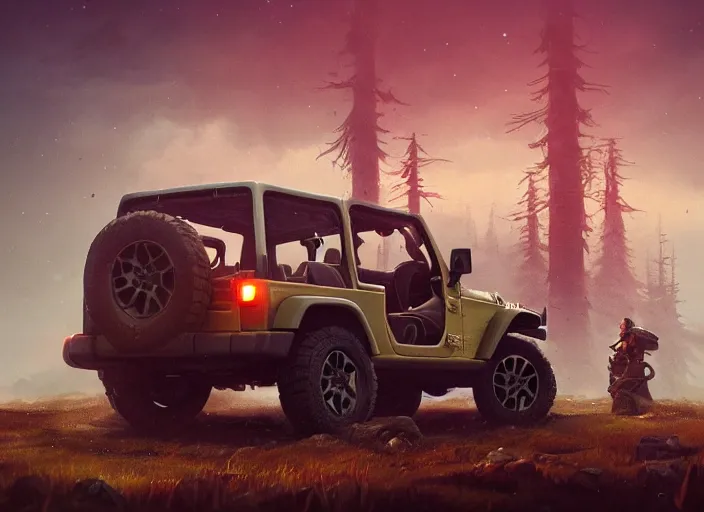 Image similar to jeep wrangler, an epic fantasy, dramatic lighting, cinematic, establishing shot, extremely high detail, photorealistic, cinematic lighting, artstation, by simon stalenhag, horizon forbidden west