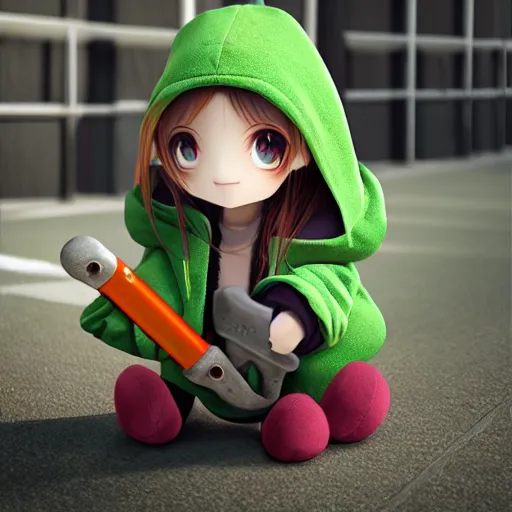 Prompt: cute fumo plush of a girl in a green hoodie with a giant wrench, vray