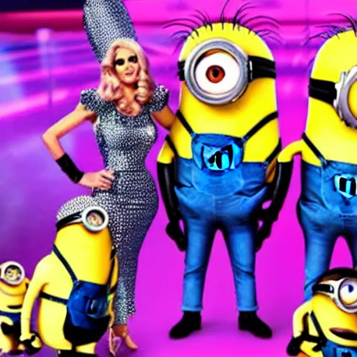 Image similar to minions competing on ru Paul’s drag race