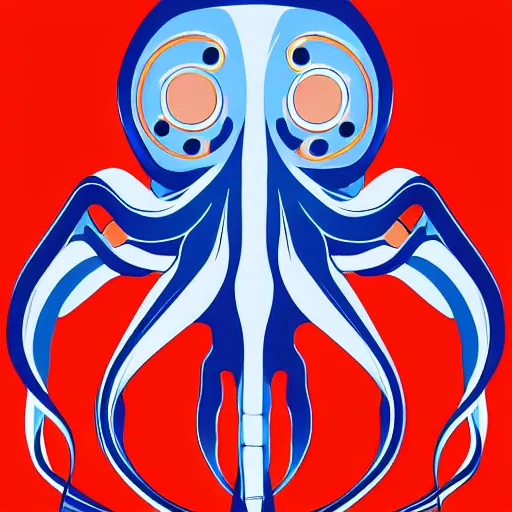 Image similar to cyborg octopus symmetrical colour acrylic painting, coloured, digital art, minimal geometric, vector art