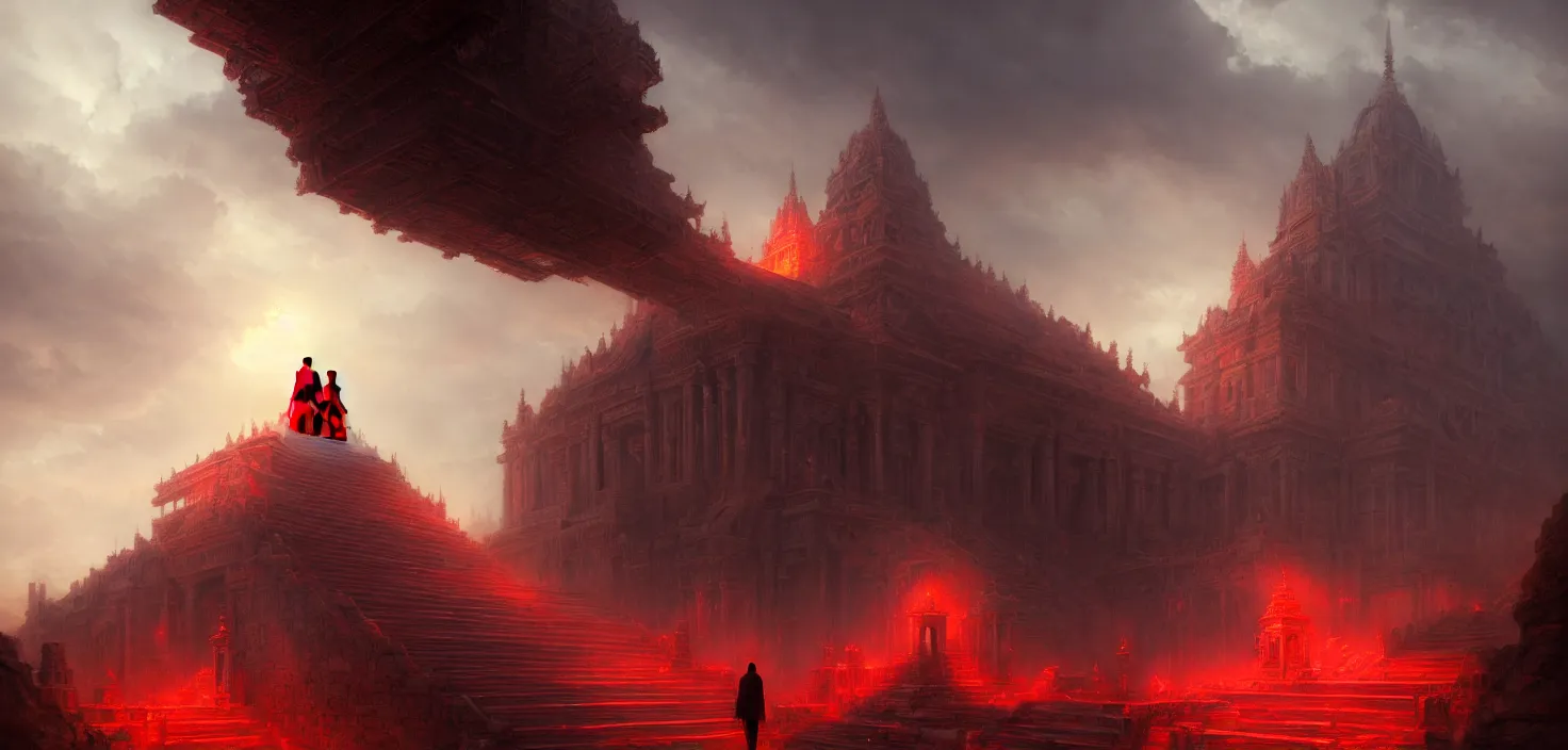 Prompt: mysterious man in a red cloak climbs the stairs of the temple, cinematic view, epic sky, detailed, concept art, low angle, high detail, warm lighting, volumetric, godrays, vivid, beautiful, trending on artstation, by jordan grimmer, huge scene, grass, art greg rutkowski