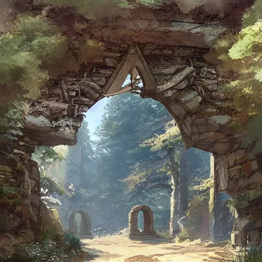 Image similar to concept art painting of an ornate ancient stone archway, in the woods, realistic, detailed, cel shaded, in the style of makoto shinkai and greg rutkowski and james gurney