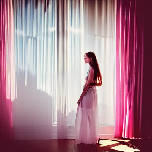 Image similar to photography of female models behind white curtains in old victorian room, dramatic light, cinestill, filmstill, bokeh, long exposure, god rays, magic hour, pink light, warm colors