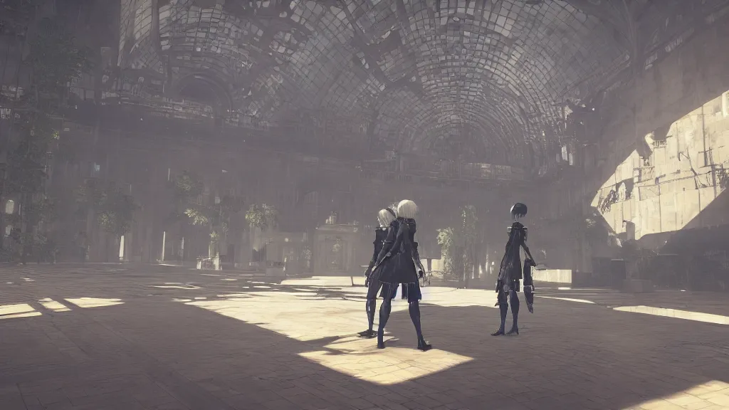 Prompt: Screenshot from Nier Automata inside the Louvres museum