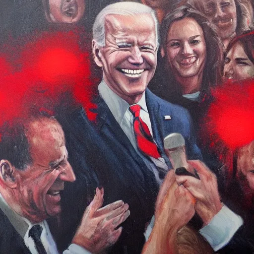 Image similar to Biden smiling with red glowing eyes staring at a crowd of people crying, oil painting