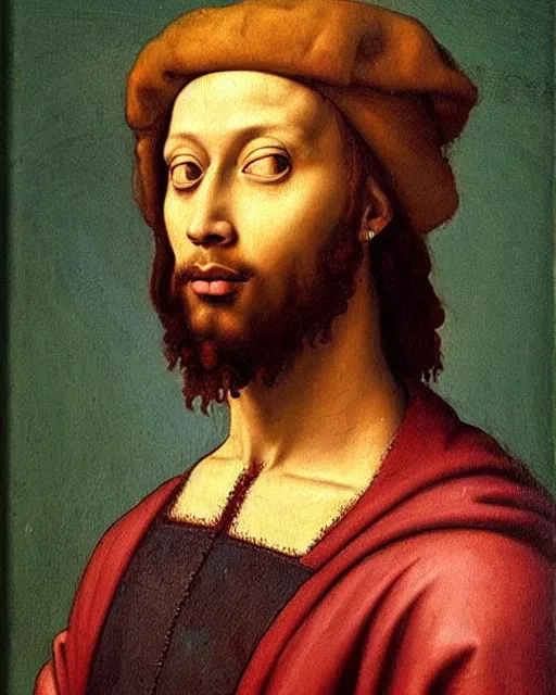 Prompt: renaissance painting of the rapper wiz khalifa!!!, biblical character portrait, oil on canvas by leonardo da vinci