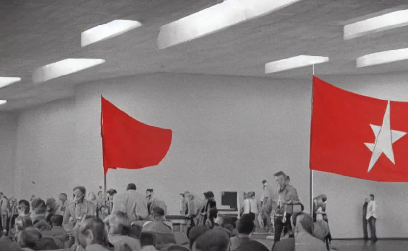 Prompt: 60s movie still of a giant stalinist style sovietic hall with a USSR flag, by Irving Penn , cinestill 800t 35mm eastmancolor, heavy grainy picture, very detailed, high quality, 4k, HD criterion, precise texture, panoramic, cinematic