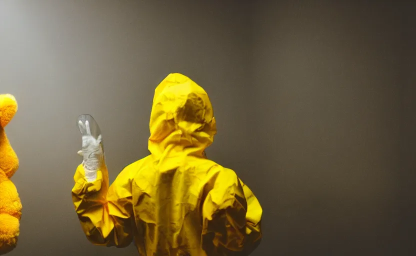 Image similar to a person in a yellow hazmat suit handling a teddy bear with oversized gloves in a dark laboratory, hazy atmosphere, sharp focus, moody lighting, imax, dystopian