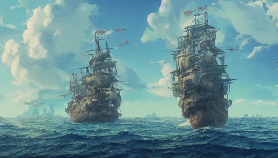 Prompt: A highly detailed matte painting of a huge pirate ship in the ocean by Studio Ghibli, Makoto Shinkai, by Artgerm, by beeple, volumetric lighting, octane render, 4K resolution, trending on artstation