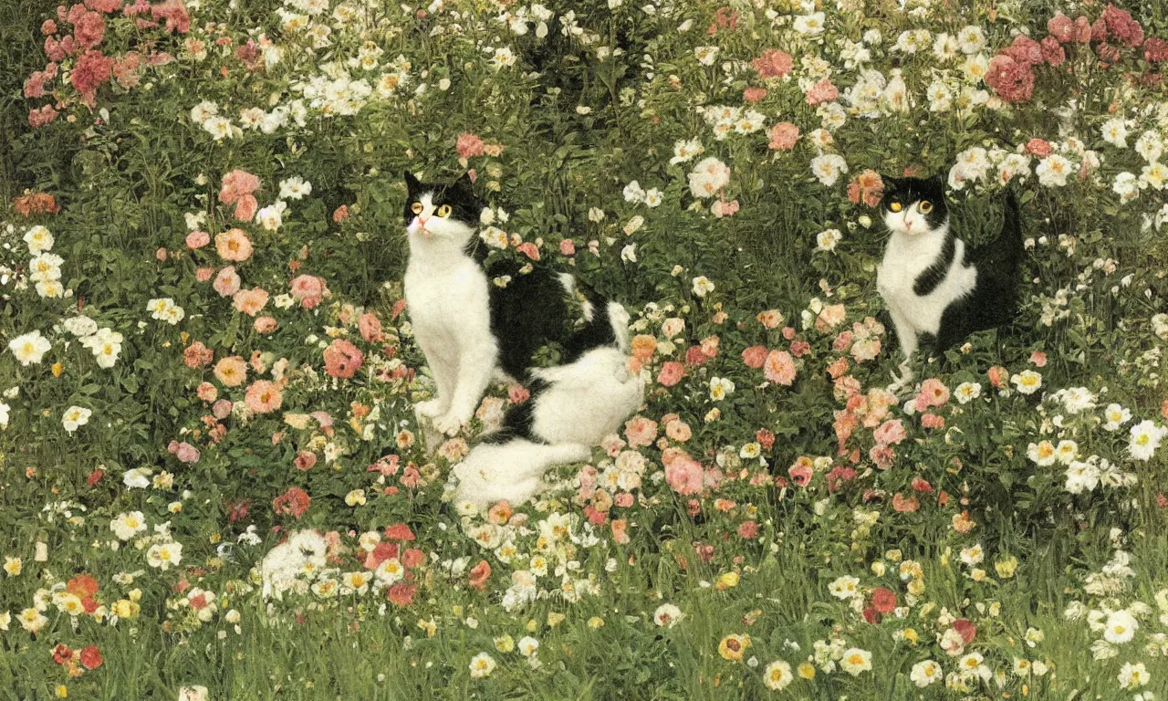 Prompt: a portrait of a cat sitting in the garden surrounded by flowers and plants, painting by Lawrence Alma-Tadema, children's book illustration