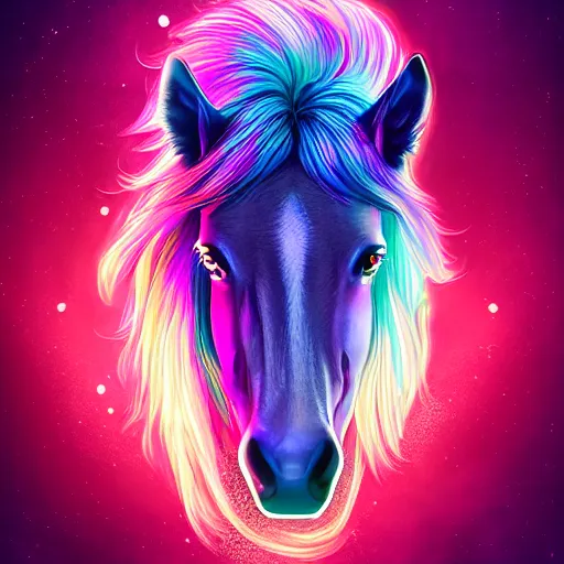 Prompt: digital horse, retrowave palette, highly detailed, anatomically correct equine, synth feel, smooth face, ear floof, flowing mane, mane to one side, no reins, super realism, accurate animal imagery, 4 k digital art