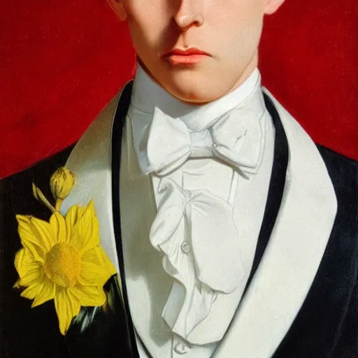 Prompt: a young man with slicked back red hair, a symmetrical clean - shaven face and white eyes, wearing a white tuxedo jacket with a yellow popper flower in its lapel, symmetry, reflection, mirrors, myth of narcissus, by j. c. leyendecker