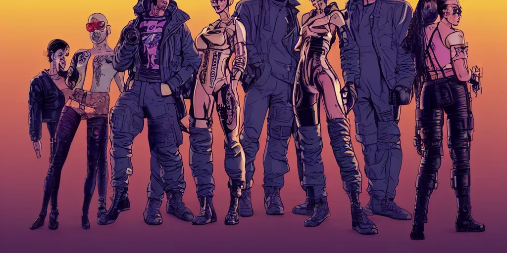 Image similar to cyberpunk heist crew. portrait by stonehouse and mœbius and will eisner and gil elvgren and pixar. character design. realistic proportions. dystopian. cyberpunk 2 0 7 7 character art, blade runner 2 0 4 9 concept art. cel shading. attractive face. thick lines. hi def 4 k. the team. detailed interesting characters. realistic expressive faces.