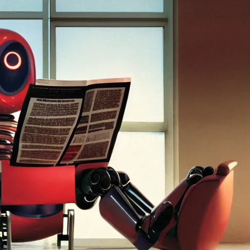 Image similar to futuristic studious matte brown and red and chrome full-body humanoid robot with two huge round expressive sad purple glowing LED eyes and open rectangular mouth sitting on a large comfortable cushioned 1950s vintage recliner reading a newspaper. open newspaper. Cinematic Movie Photograph, Arri Alexa, Extremely Detailed, smooth, very very clean, 8K, octane render, maya render, unreal engine, trending on artstation, DSLR, excellent composition, center frame