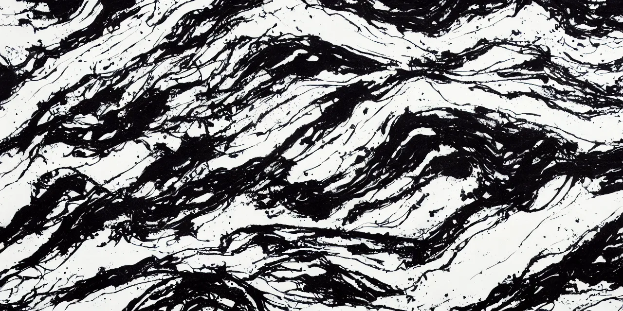 Prompt: laurentian appalachian mountains during winter, black ink landscape artwork with drippings, dribbles and splashes.