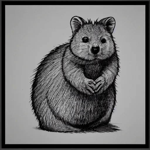 Image similar to monochromatic illustration of a happy quokka, monochrome, mono, one line, line drawing, unbroken, minimalist, no background, white space, white background, black and white