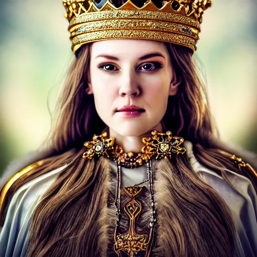 Prompt: beautiful nordic queen with ornate crown and robes highly detailed, 4k, HDR, smooth, sharp focus, hyper realistic, high resolution