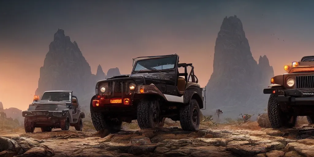 Image similar to mahindra thar, an epic fantasy, dramatic lighting, cinematic, establishing shot, extremely high detail, photorealistic, cinematic lighting, artstation, by simon stalenhag, in the style of forza horizon 5, zaha hadid