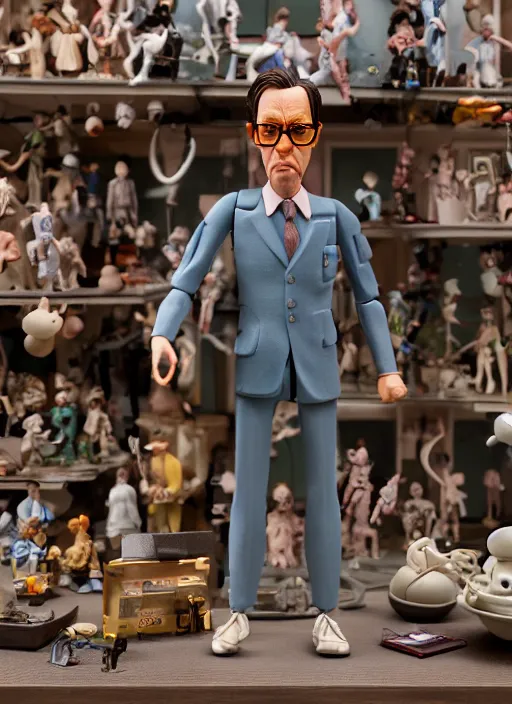 Prompt: product photography of a claymation action figure stylish gentleman steve buscemi, depth of field, zeiss lens, detailed, centered, by erwin olaf, joop geesink, wes anderson, breathtaking, 8 k resolution, extremely detailed, beautiful, establishing shot, realistic materials, hyperrealistic