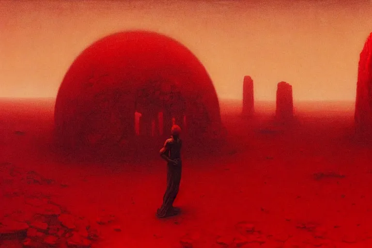 Image similar to only with red, red god of death eat apple, a futuristic city on mars in the background, an ancient path, in the style of beksinski, part by hopper, part by rodcenko, part by hofbauer, intricate composition, red by caravaggio, insanely quality, highly detailed, masterpiece, red light, artstation, 8 k