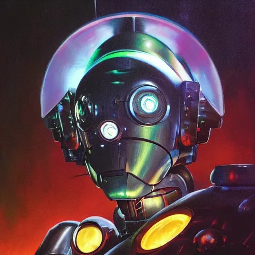 Image similar to a dark and colorful close - up side profile portrait of a sci - fi mecha robot with led lights glowing fog in the background. highly detailed science fiction painting by norman rockwell, frank frazetta, and syd mead. rich colors, high contrast, gloomy atmosphere, dark background. trending on artstation