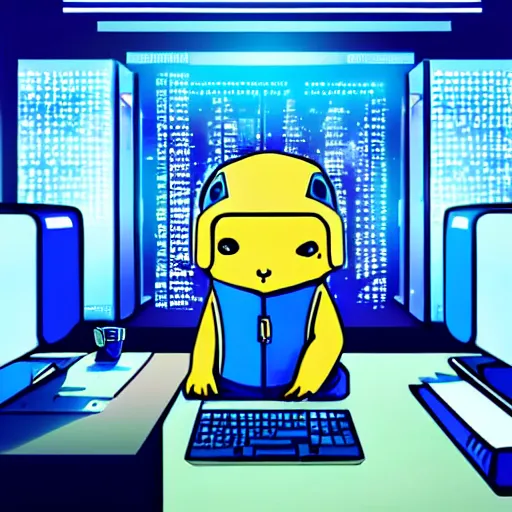 Image similar to prairie dog hacker in a blue-lit room surrounded by computers, highly detailed, trending on pixiv