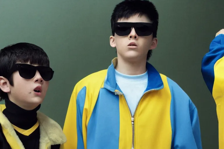 Prompt: white teenager with long dark dirty blonde hair and a goatee, greyish blue eyes, sunglasses, black and yellow tracksuit, with an asian boy with curtain-styled feathered black hair, red turtleneck, blue parka, the sopranos, film still, dramatic lighting,